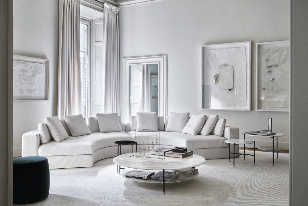 Meridiani Harrold sofa with Adrian coffee tables and Charlotte pouf