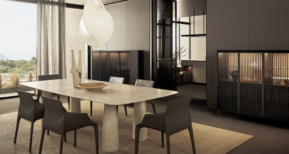 Monolith travertin dining table with Seattle chairs